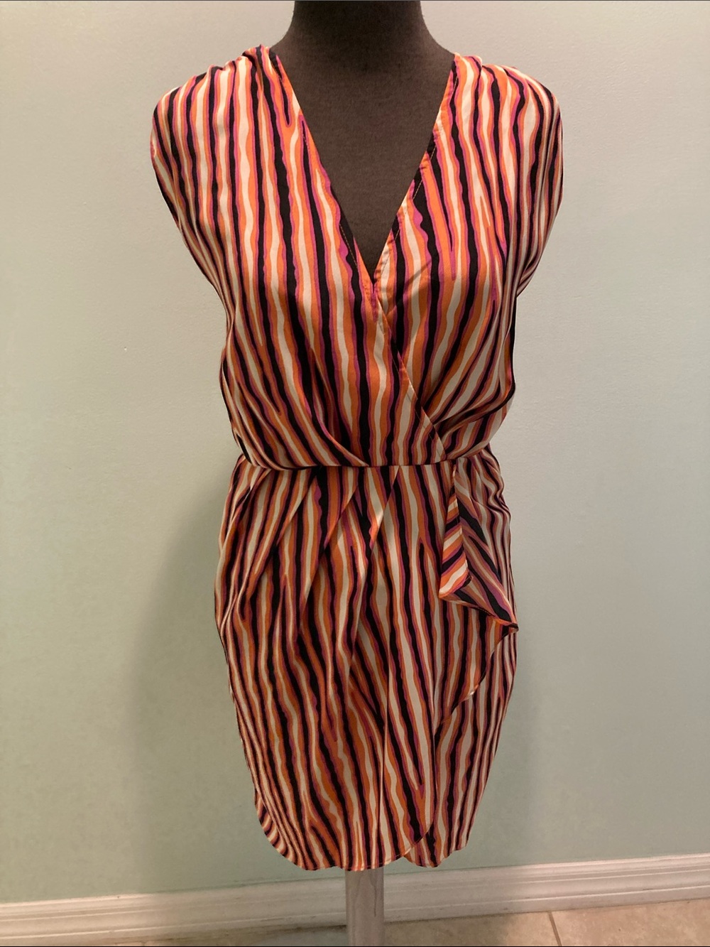 MM Couture Striped Wrap Mini Dress in Orange, Pink, Cream and Black